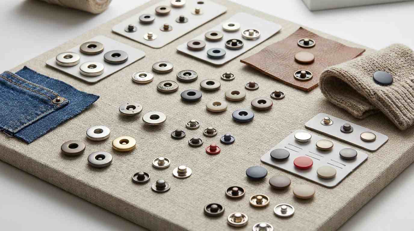 ODM snap button supplier, Assorted metal snap buttons in different sizes and finishes are arranged on fabric sample boards for an ODM snap button supplier display.